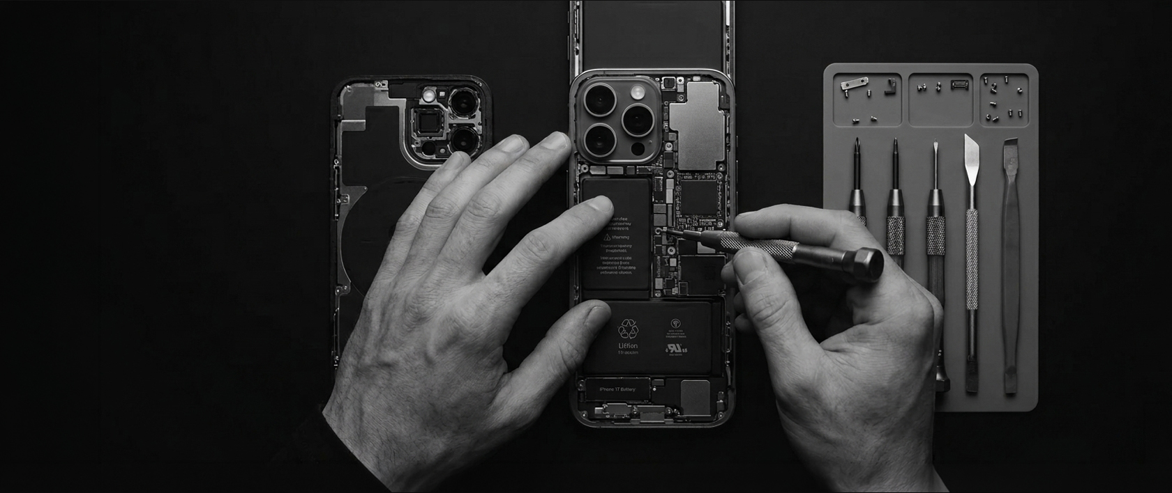 technician’s hands fixing phone