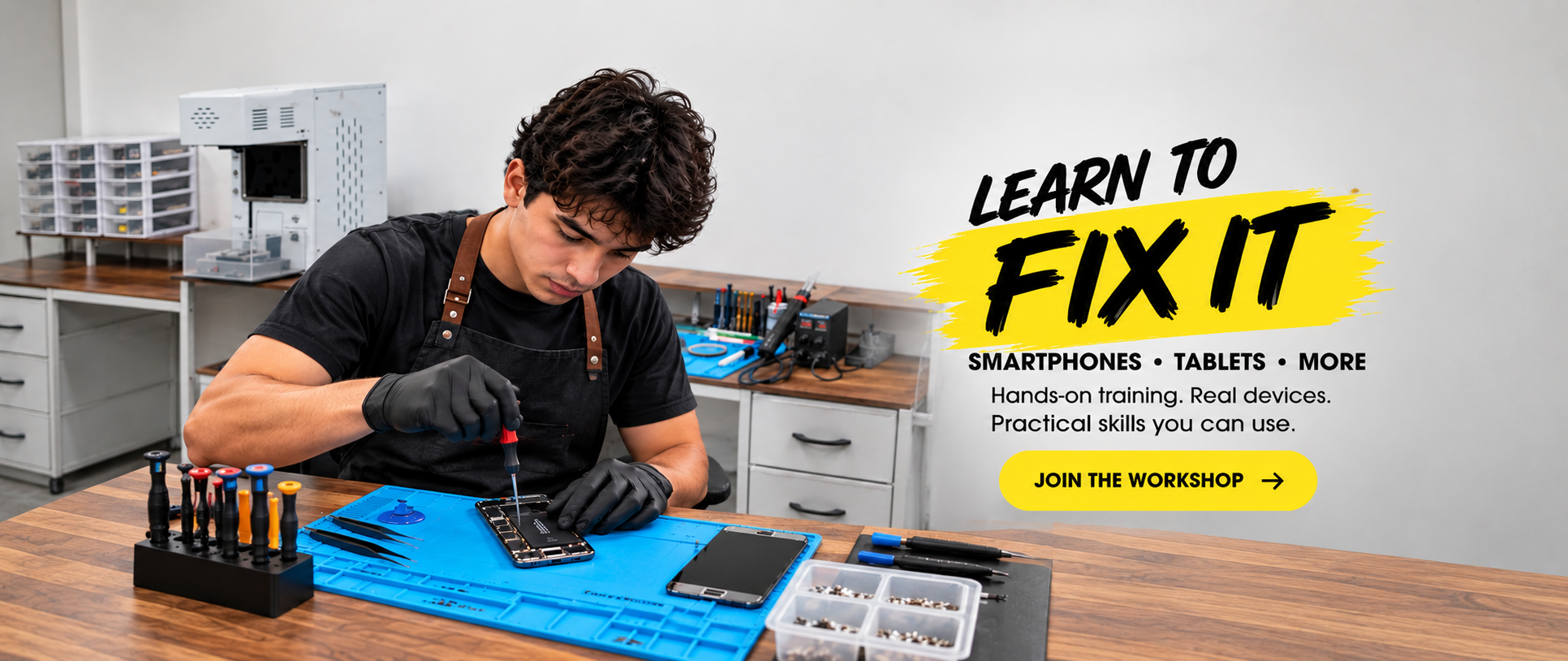 Student learning how to repair an iphone and other devicesdevice